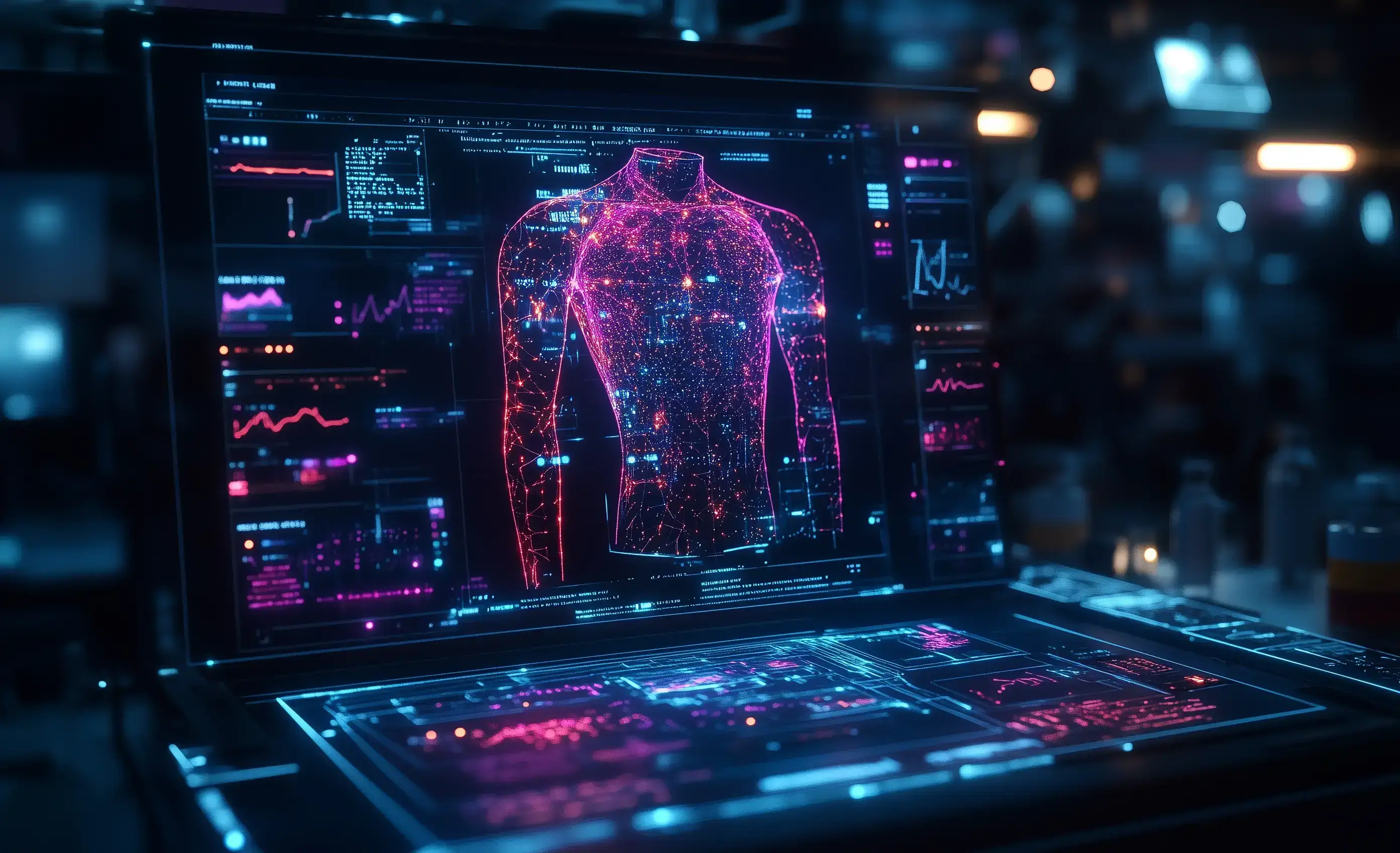 Futuristic digital interface displaying a high-tech garment design with data analytics