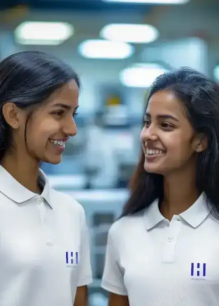Two Sri Lankan female apparel employees in blue color shirt with Hirdaramani logo smiling to each other