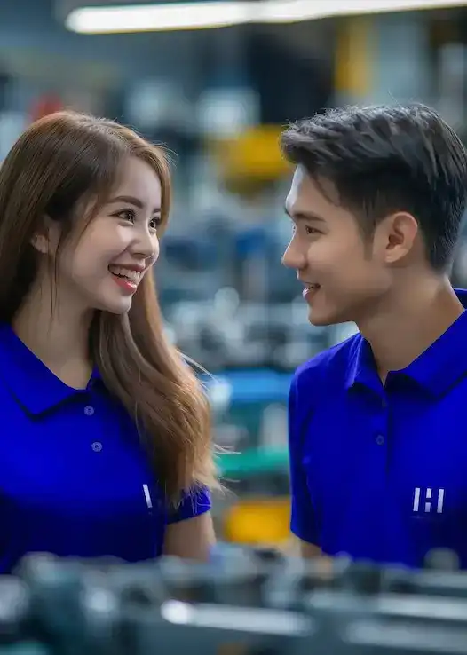 Two employees of Hirdaramani Vietnam factory in blue color shirts talking each other