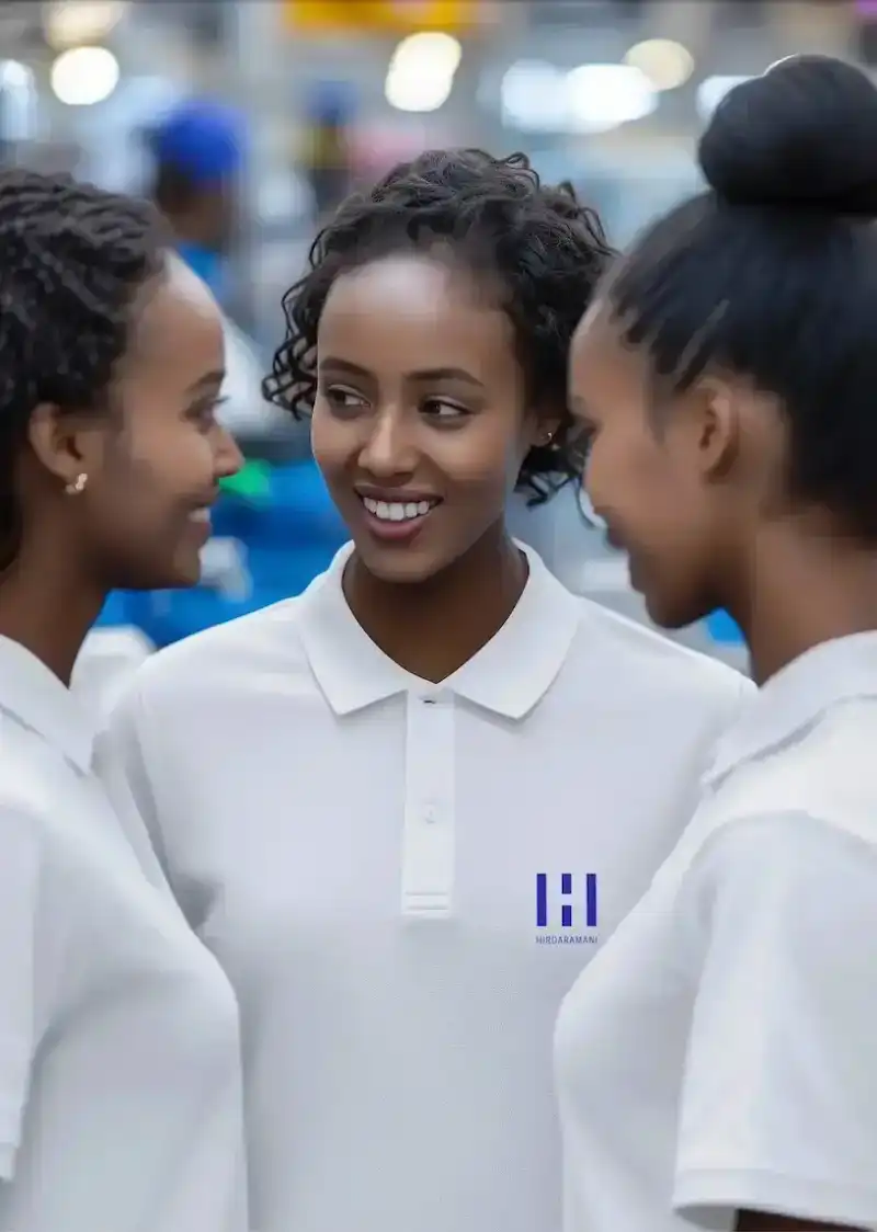 Three female employees of Hirdaramani Ethiopia plant having a happy conversation