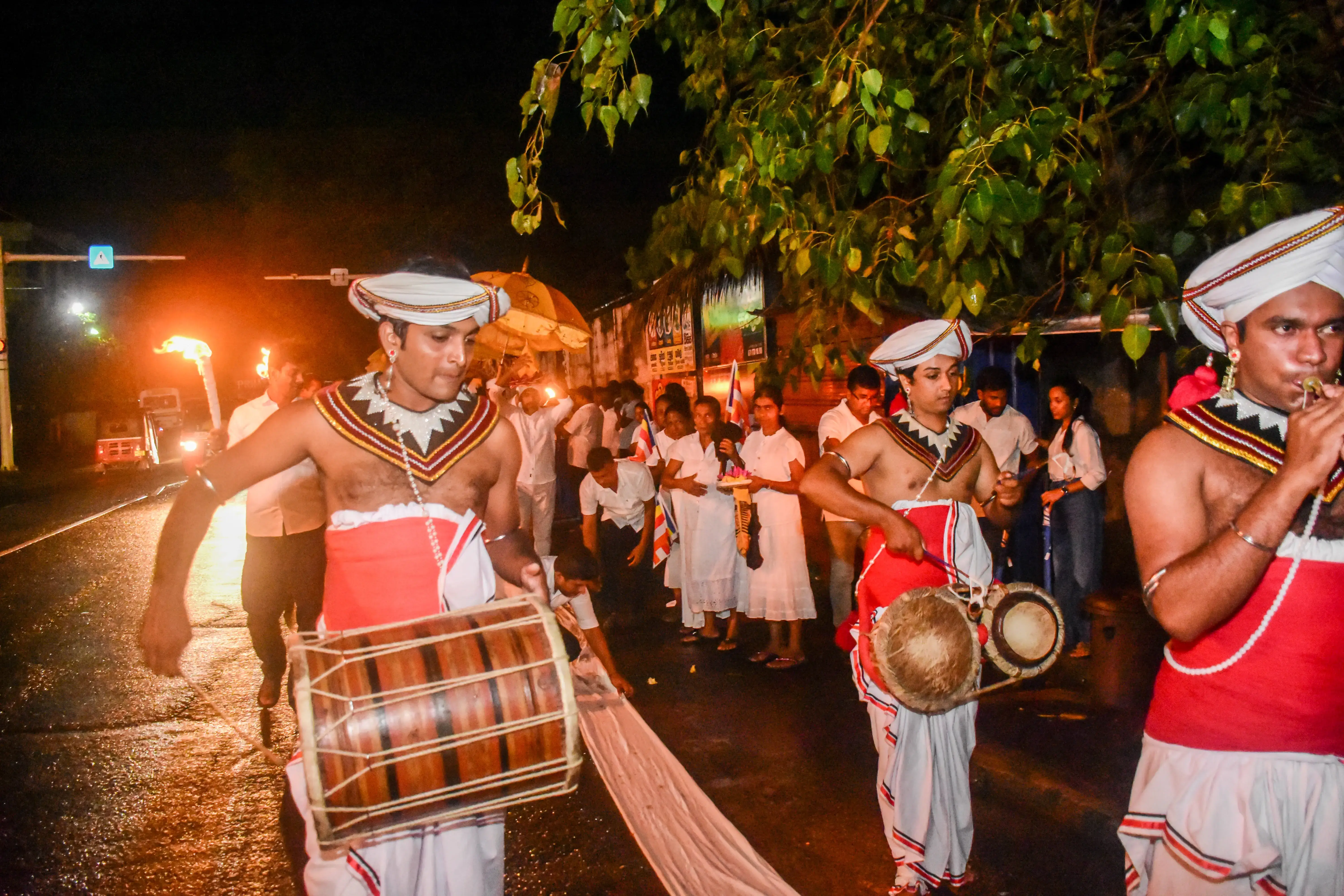 Few Sri lankan traditional drum players in the road in an event organized by Hiradaramani