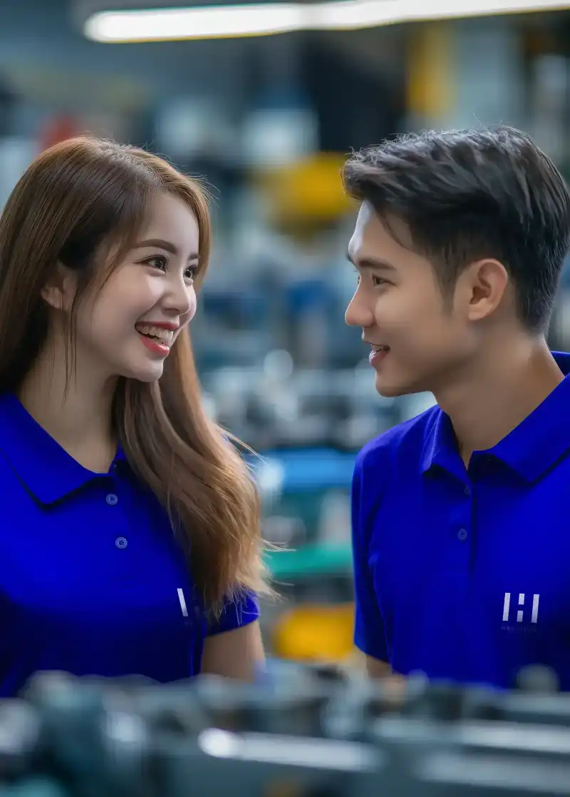Two employees of Hirdaramani Vietnam factory in blue color shirts talking each other