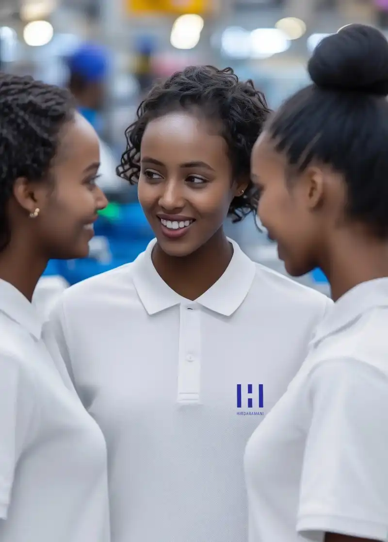 Three female employees of Hirdaramani Ethiopia plant having a happy conversation